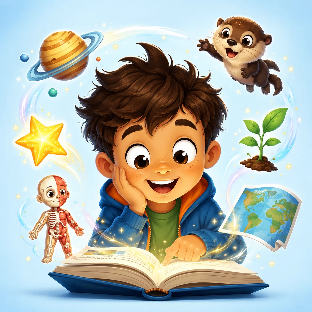 A boy discovering ideas inside an ebook