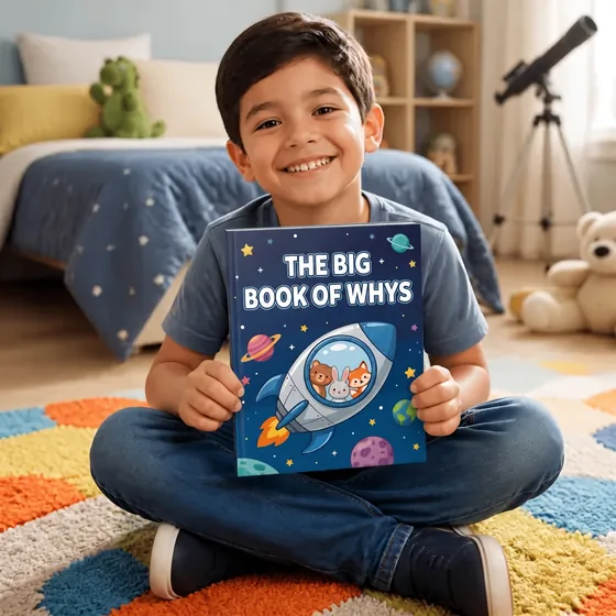 Noah, from Austin, Texas, sitting in his room with The Big Book of Whys