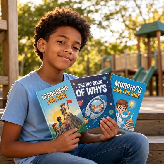 Mason, from Sydney, Australia, at the park with three of his ebooks