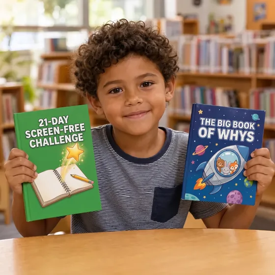 Jacob, from Chicago, Illinois, at the library with The 21-Day Screen-Free Challenge and The Big Book of Whys