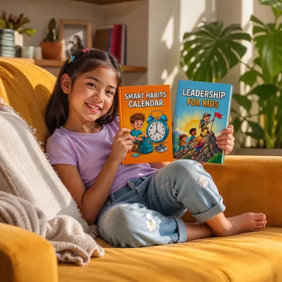 Sophia, from Toronto, Canada, on the couch with The Smart Habits Calendar and Leadership for Kids