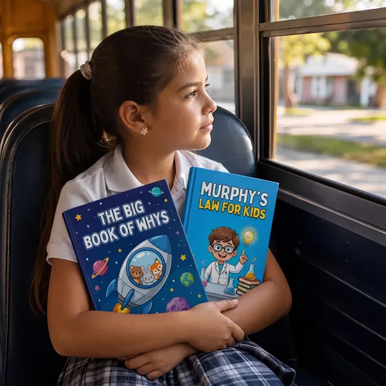 Olivia, from San Diego, California, on the bus with The Big Book of Whys and Murphy’s Law for Kids