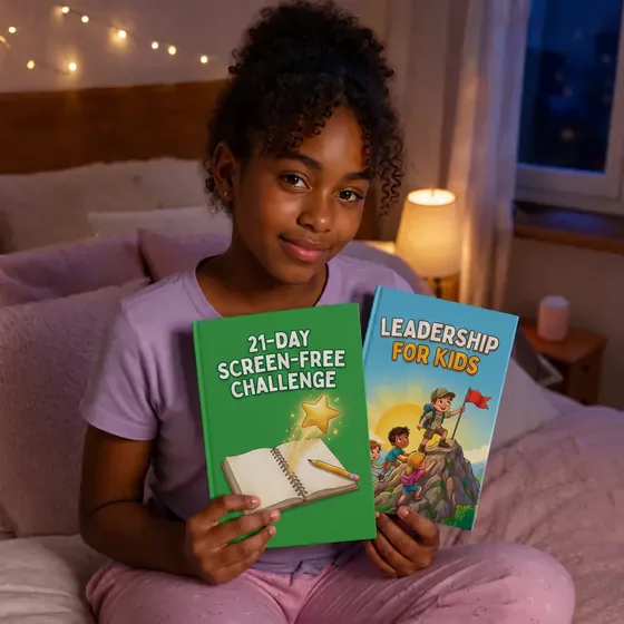 Grace, from Auckland, New Zealand, in her room with The 21-Day Screen-Free Challenge and Leadership for Kids