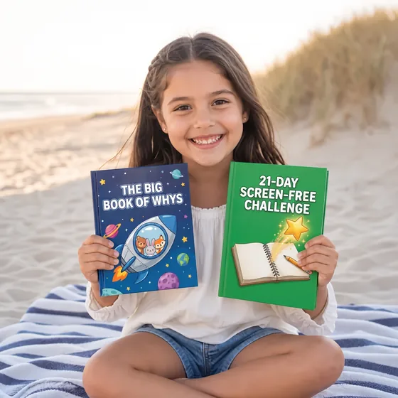 Mia, from Miami, Florida, at the beach with The Big Book of Whys and The 21-Day Screen-Free Challenge