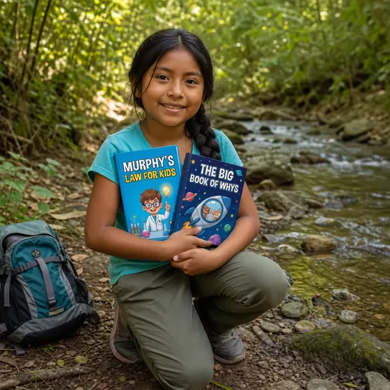 Isla, from Edinburgh, Scotland, beside the stream with Murphy’s Law for Kids and The Big Book of Whys
